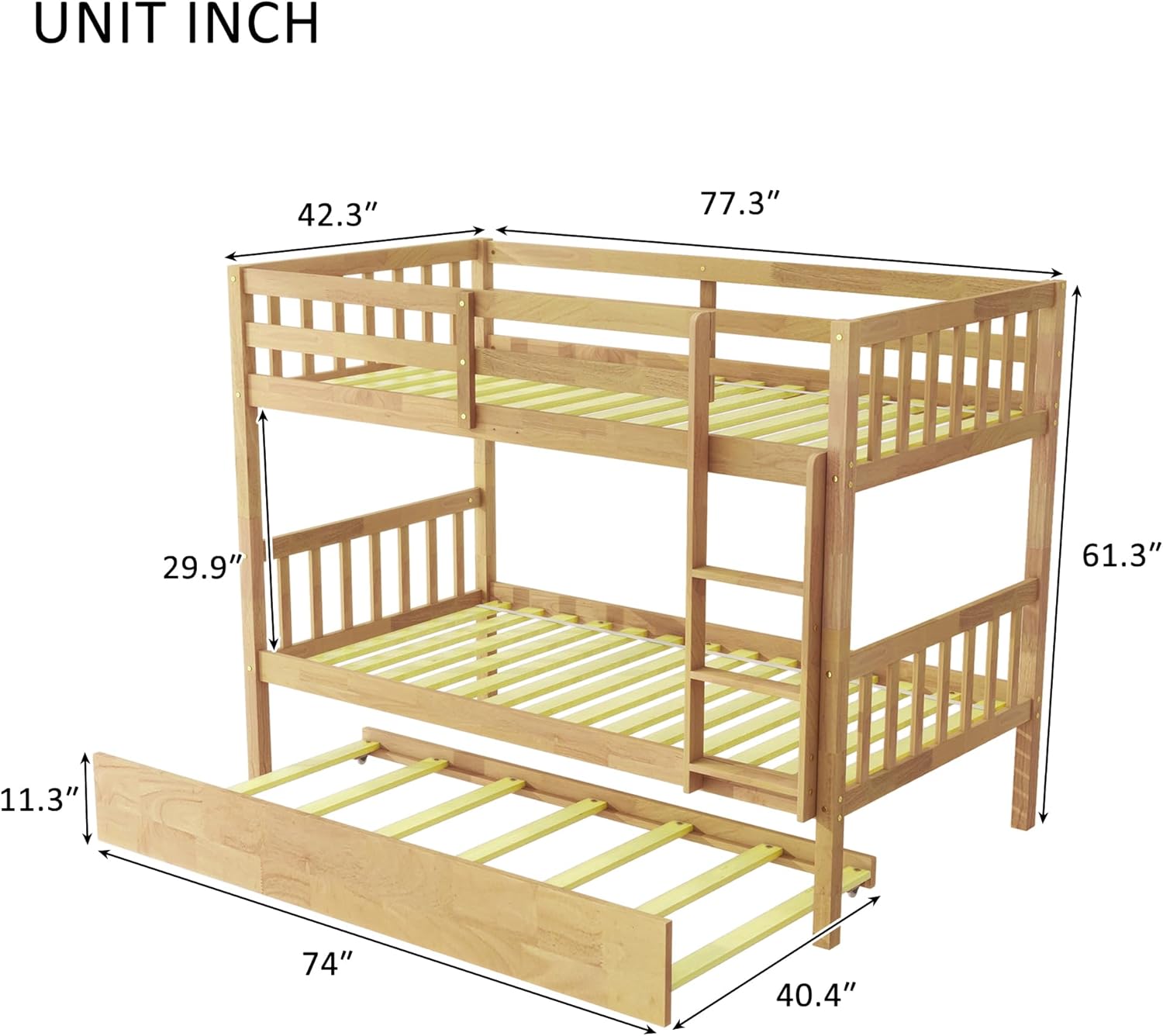 Harper & Bright Designs Convertible Wood Twin-Over-Twin Bunk Bed with Trundle and Ladder - Can Be Divided Into Two Platform Beds, White Oak