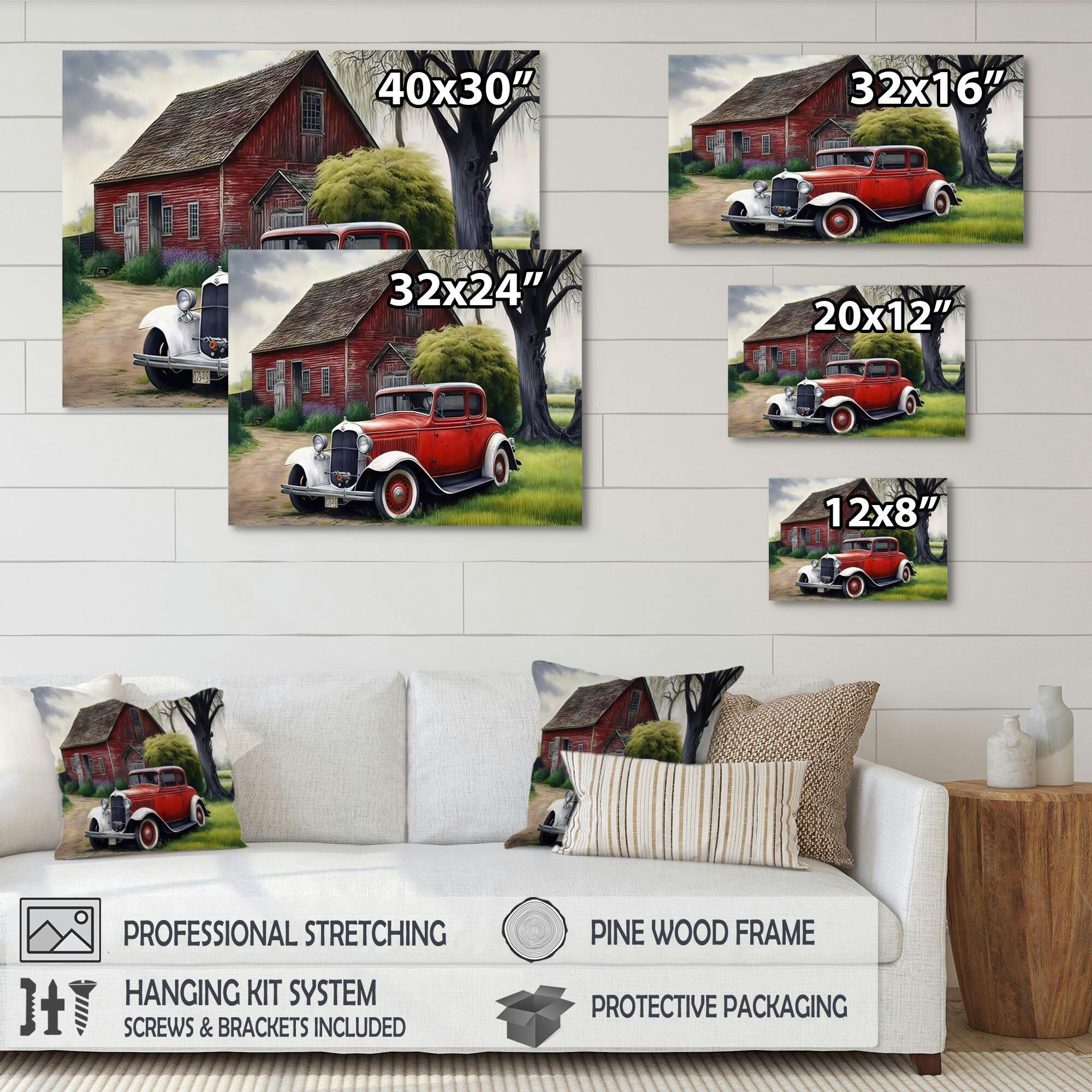 Designart Old Vintage Car At The Barn I Canvas Wall Art, 32-in x 24-in