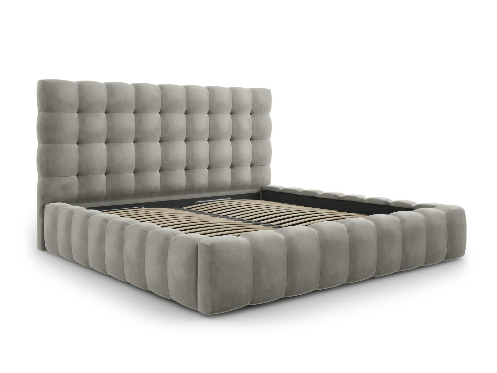 MAMAIA - Lit coffre en avec tête de lit 200x200cm en tissu velours gris clair
