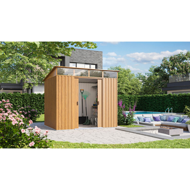 Abri de jardin en métal Lübeck double porte aspect bois 2,38 x 1,93 x 2,03 m PERGART