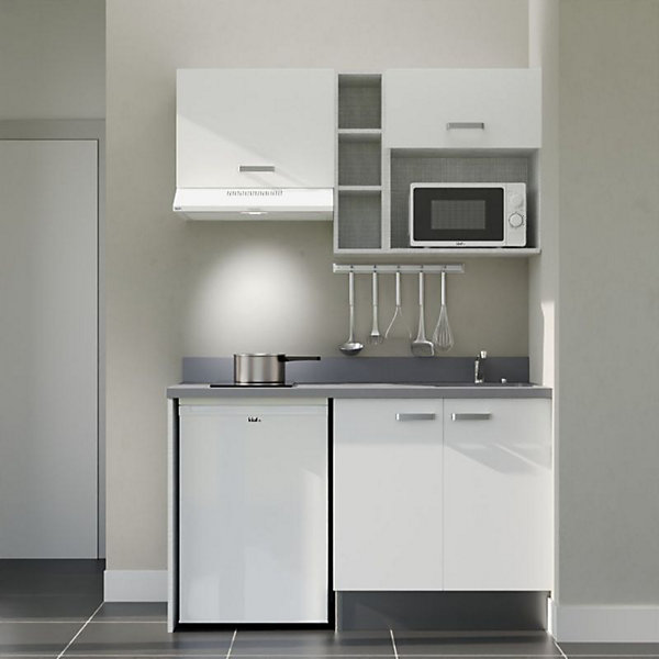 Kitchenette K13 - 140 cm - façades Blanc - Plan monobloc en quartz coloris Cromo évier à droite - Electroménager Blanc