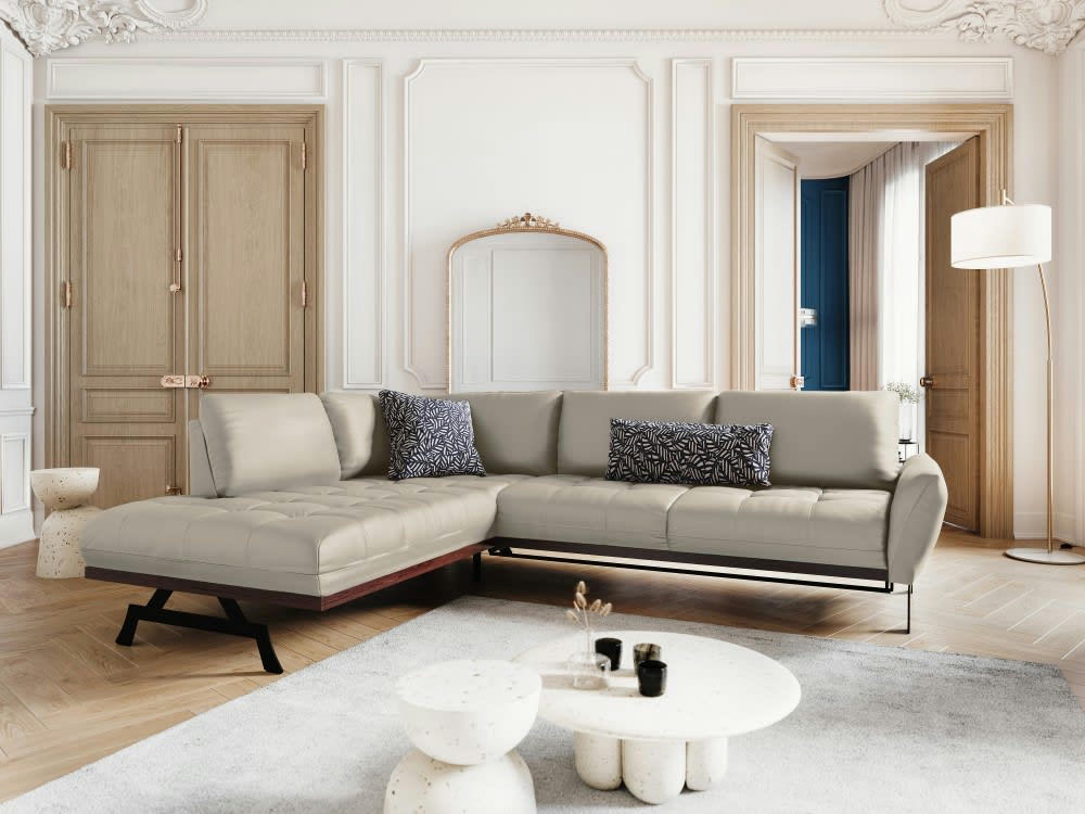 OLIVIER - Canapé d'angle 5 places en cuir gris clair