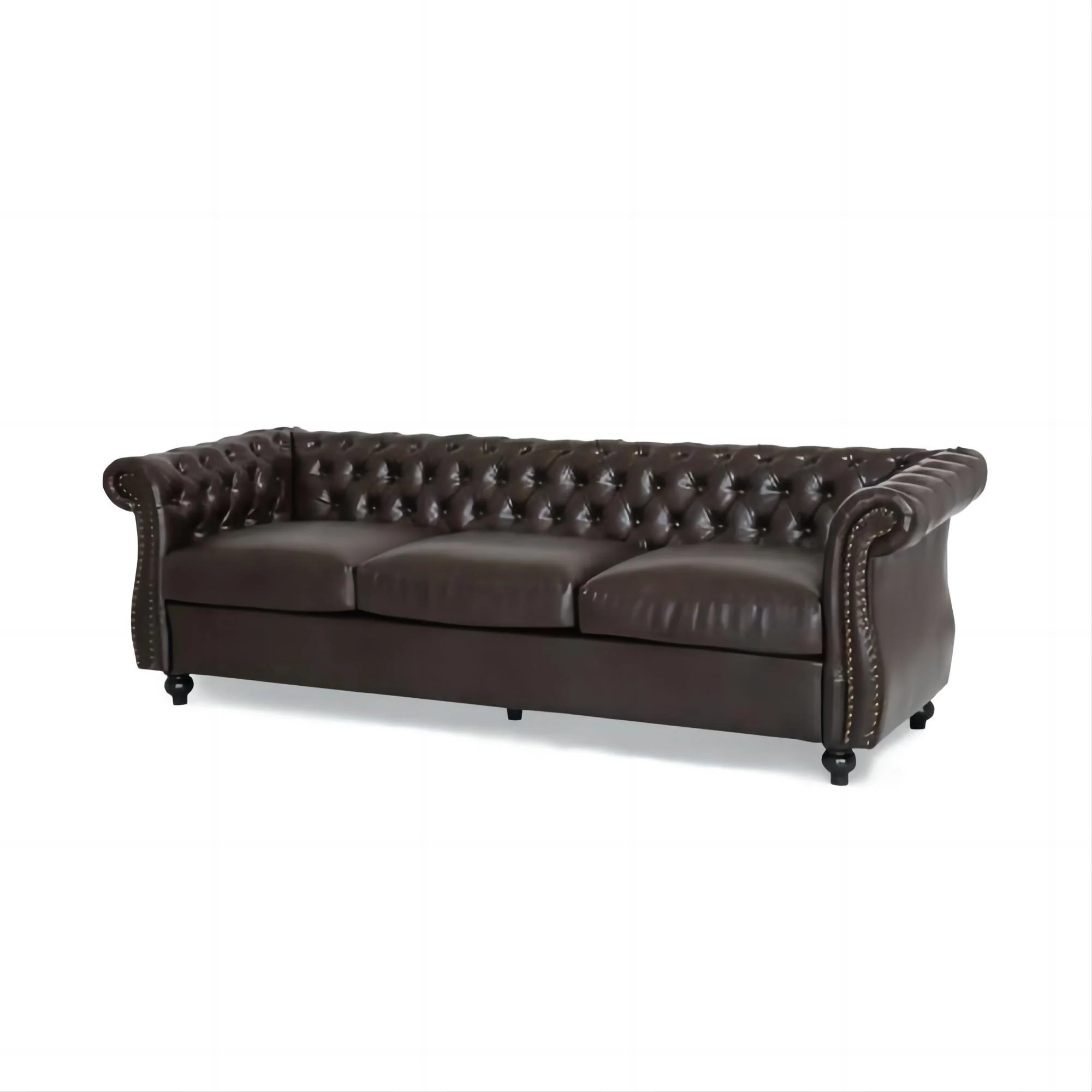 Brown Chesterfield 84.75 Button Tufted Upholstered 3-seater Sofa with Nailheads and Wood Legs for Living Room