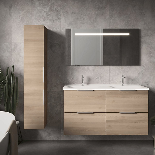 Meuble double vasque 120 cm BURGBAD Olena chêne clair   miroir   colonne