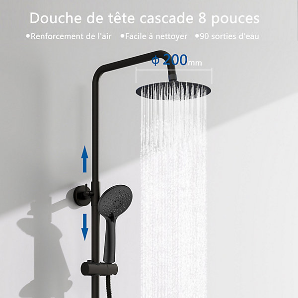 AICA colonne de douche thermostatique avec douche de tête ronde de 200 mm, douchette à main 3 fonctions, noir,hauteur réglable