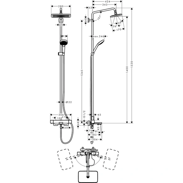 Showerpipe, »Croma E«, quadratisch/rund, verchromt