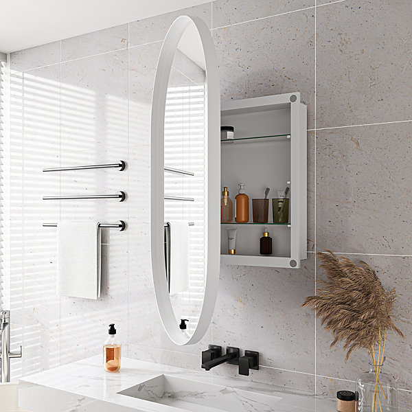 Armoire à miroir ovale blanche avec cadre métal, armoire murale à étagères réglables, rangement salle de bain, salon ou chambre
