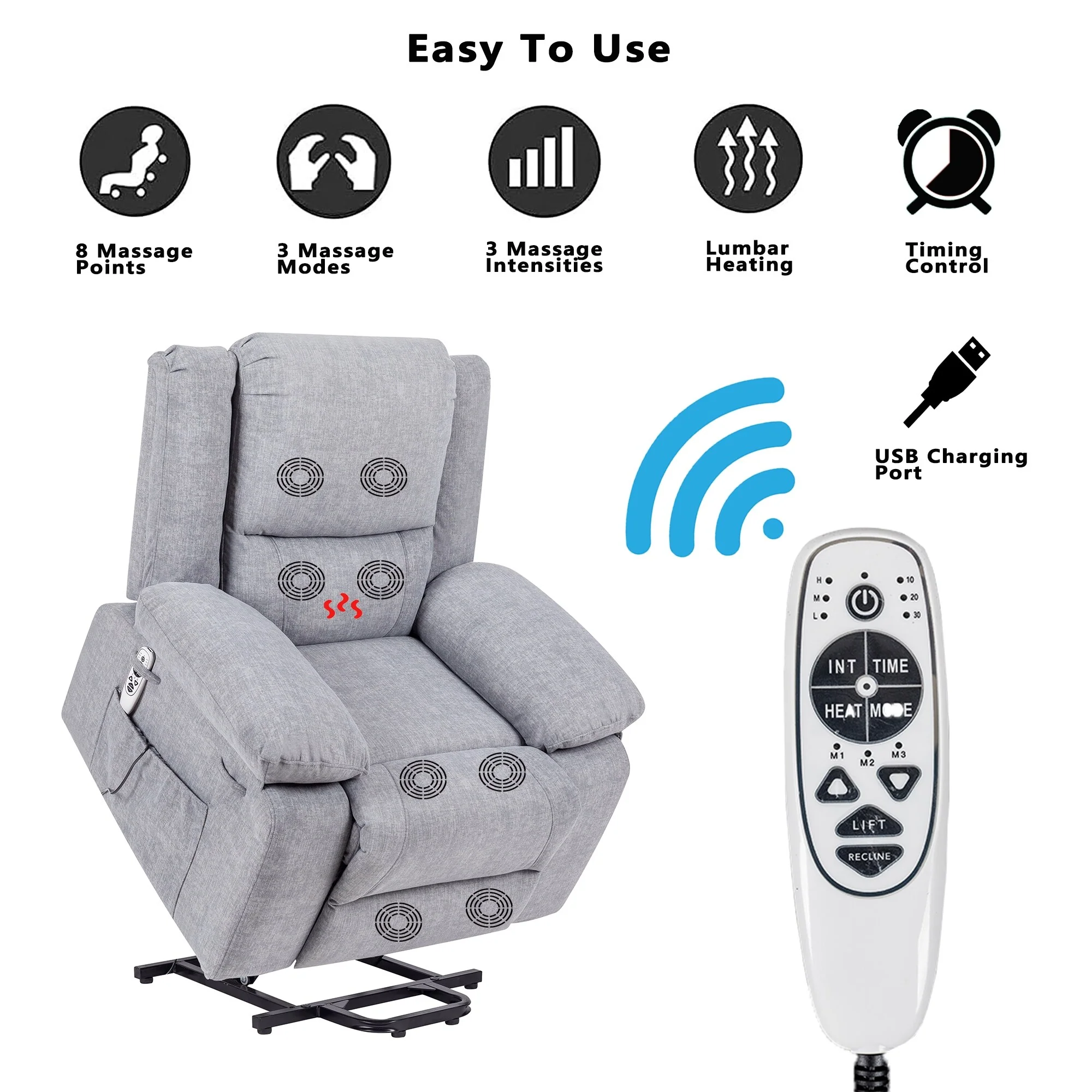 Reclining Lift Chair with Massage, Heating, and Remote Control Pockets