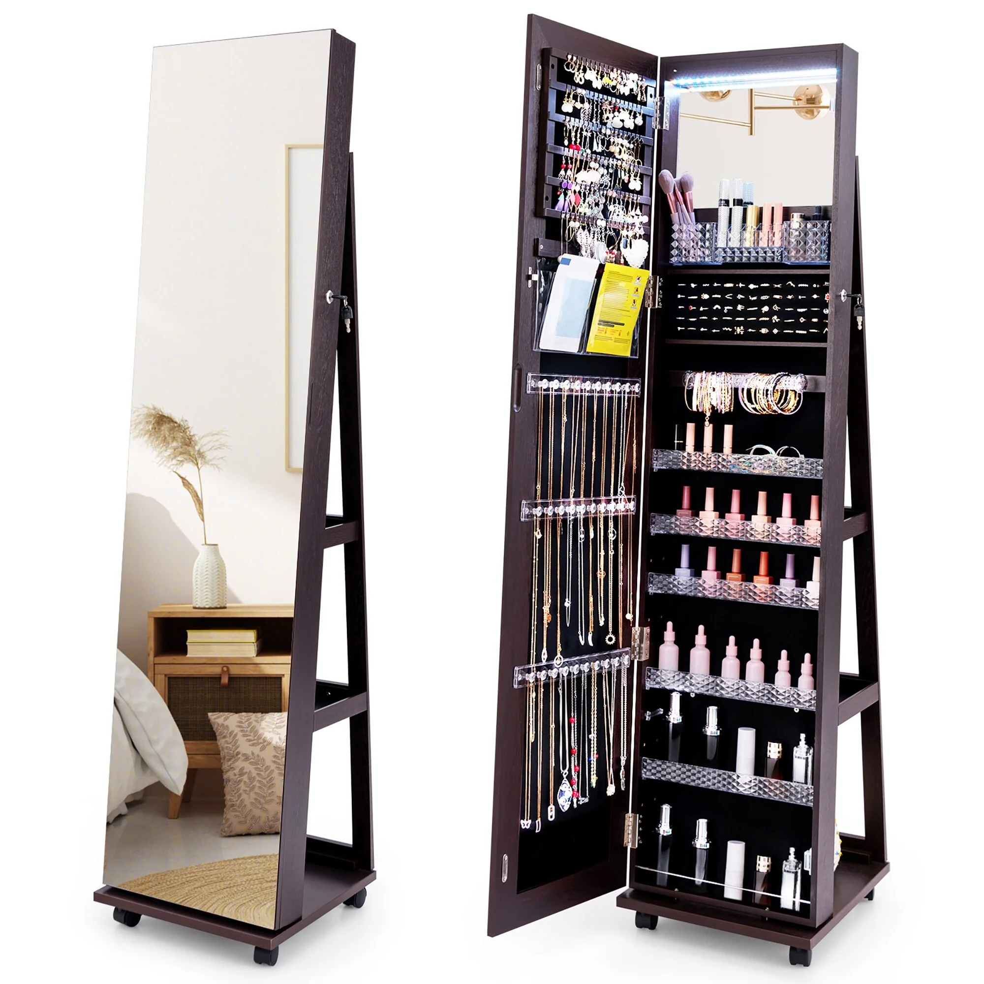 Gymax 64'' Jewelry Cabinet Armoire w/ 3-Color Lights Adjustable