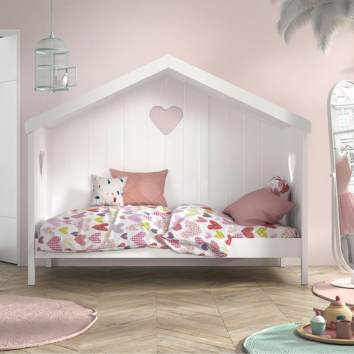 MILADY - Lit  cabane 90x200cm blanc motifs coeurs ajourés