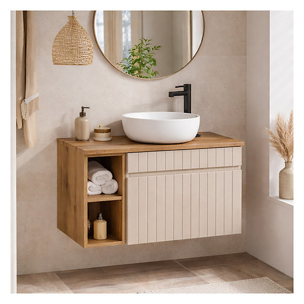 Ensemble de salle de bain ICON : meuble sous vasque 60cm cachemire avec niches visibles et plan pour vasque aspect bois