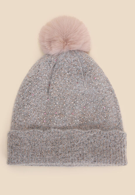 Older Girls Grey Embellished Bobble Hat
