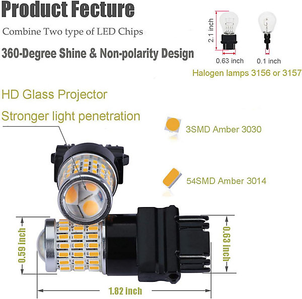 BASHLWUA Ampoule LED 9-30 V, très lumineuse, basse consommation, 3157, 3156, 3057, 4157, avec lentille de projecteur