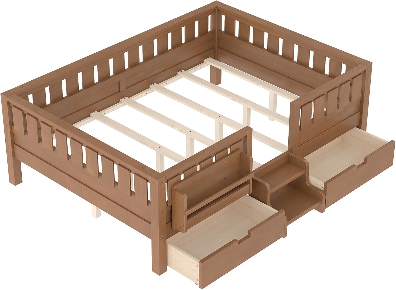 Bellemave Full Size Bed with Slats and Stairs, Full Size Platform Bed Frame with Fence, Bookshelf and Storage Drawers, Easy Assemble Beds for Kids, Girls, Boys, Natural