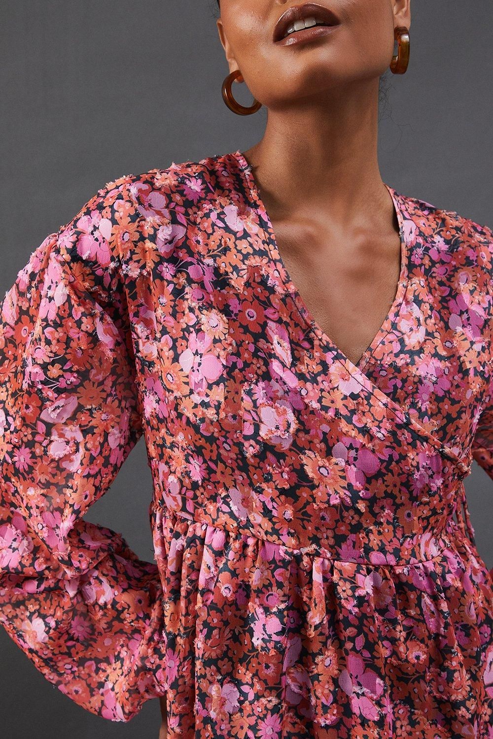 Warehouse Floral Burnout Chiffon Wrap Smock Midi Dress