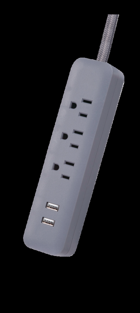 Globe 3-Outlet and 2 USB Port Power Bar Surge Protector, 6-ft  Cord, 300 Joules, Right Angle Plug,Grey