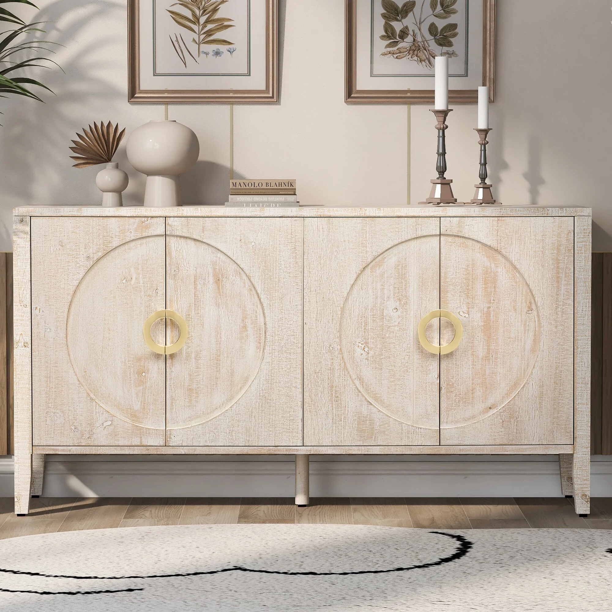 4 Door Cupboard Sideboard with Rounded Door Accent, Storage Cabinet with Metal Support legs and Rounded Metal Door Handle
