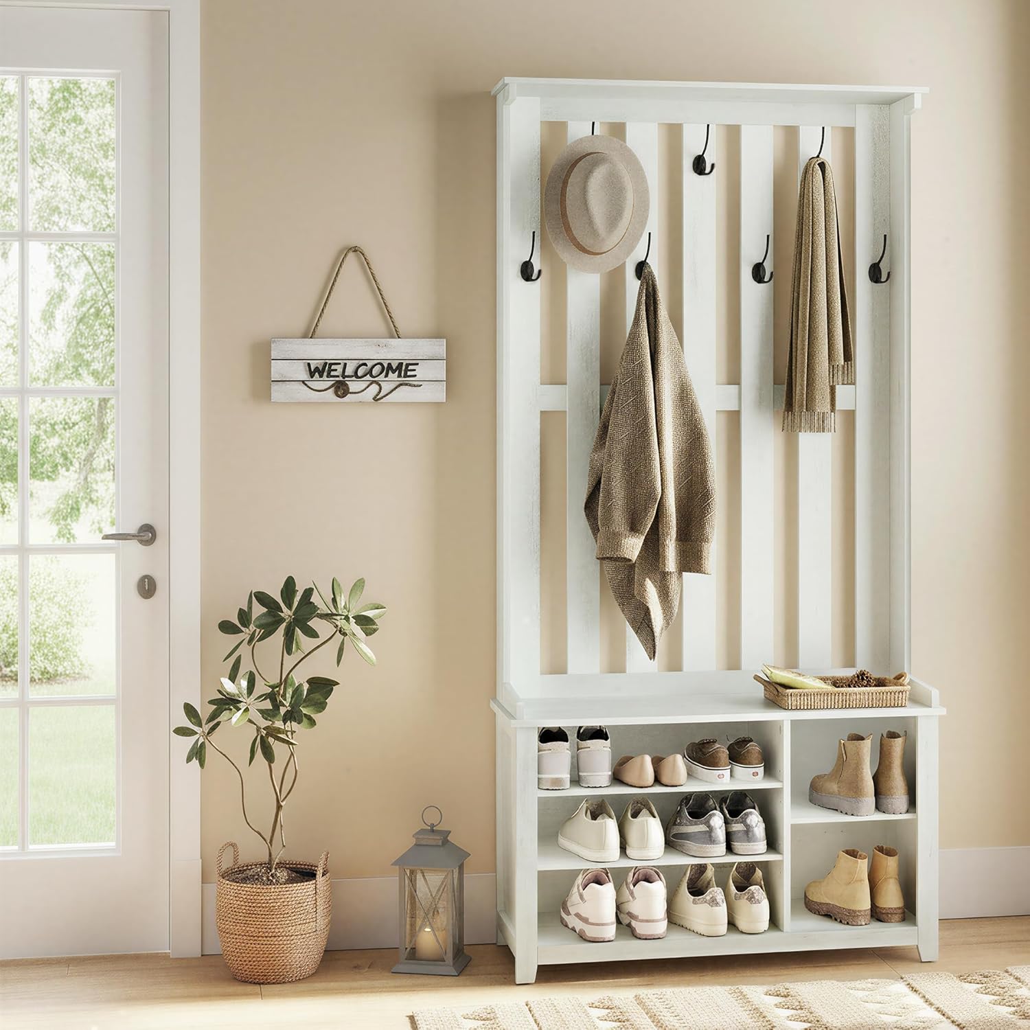 VASAGLE Hall Tree with Bench and Shoe Storage, Coat Rack with Shoe Bench, 7 Double Hooks for Jackets, Hats, Entryway, Bedroom, Living Room, 13.8 x 31.9 x 70.9 Inches, Rustic White UHSR414W01