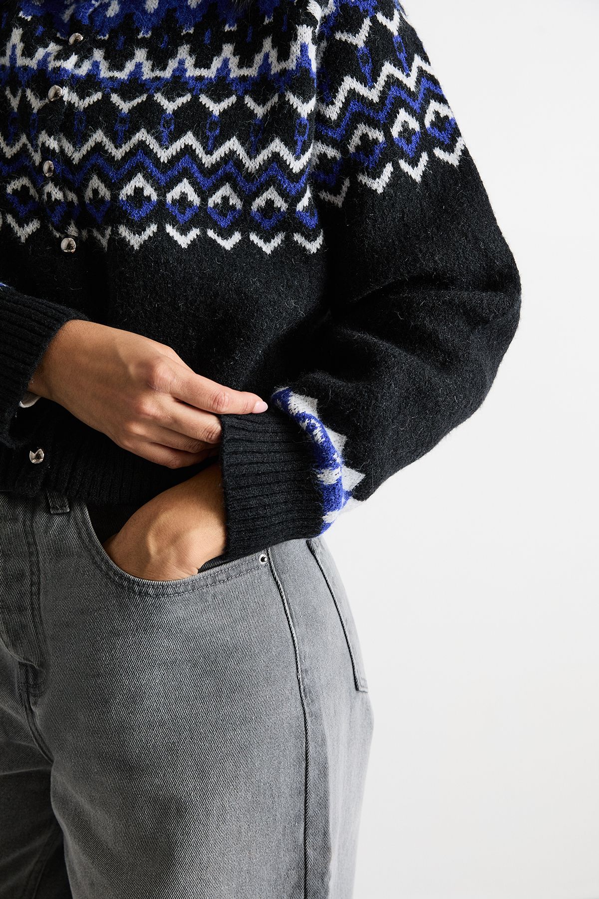 Warehouse Fairisle High Neck Chunky Knit Cardigan