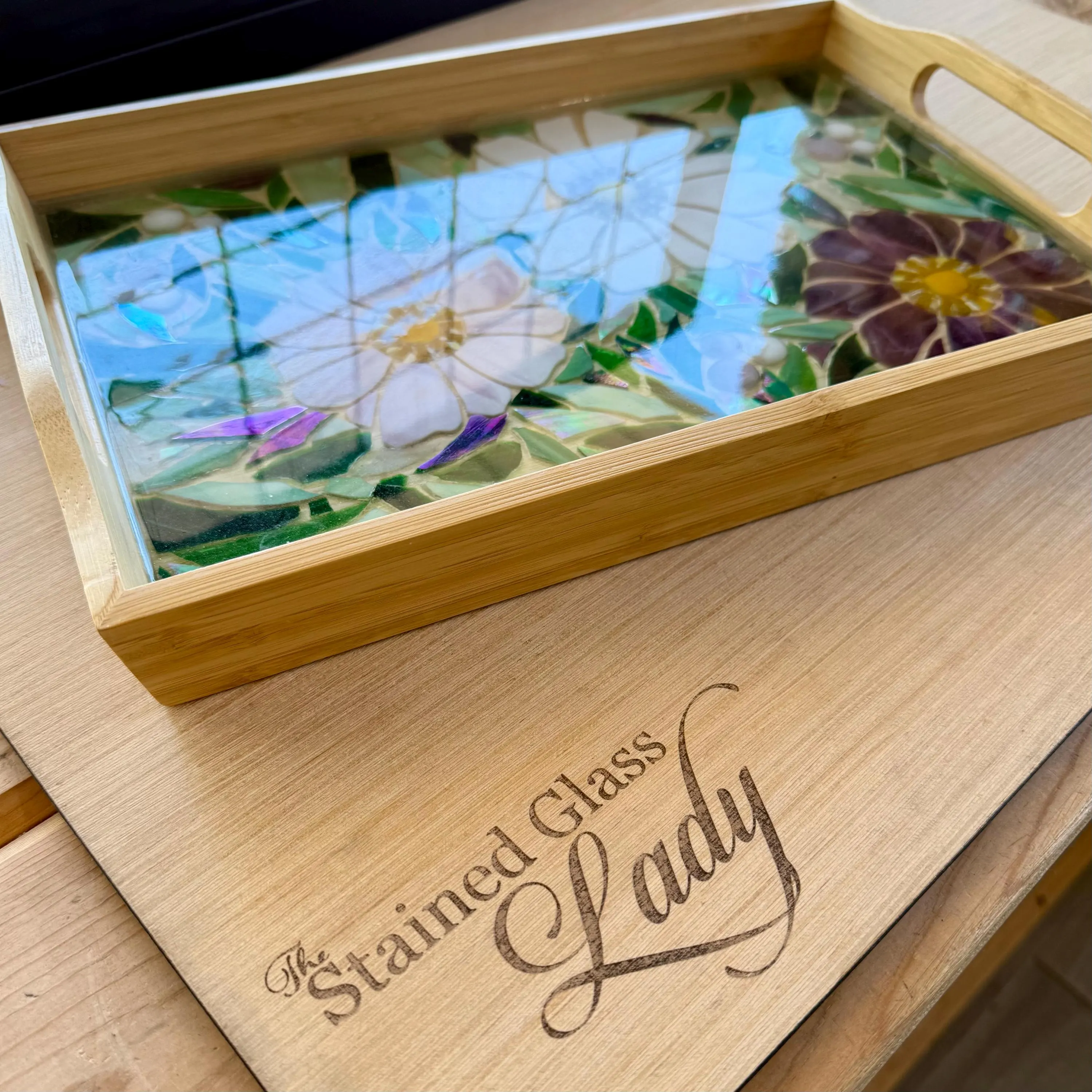 Handcrafted floral mosaic serving tray, unique home decor, unique garden art, nature hostess gift, cocktail tray