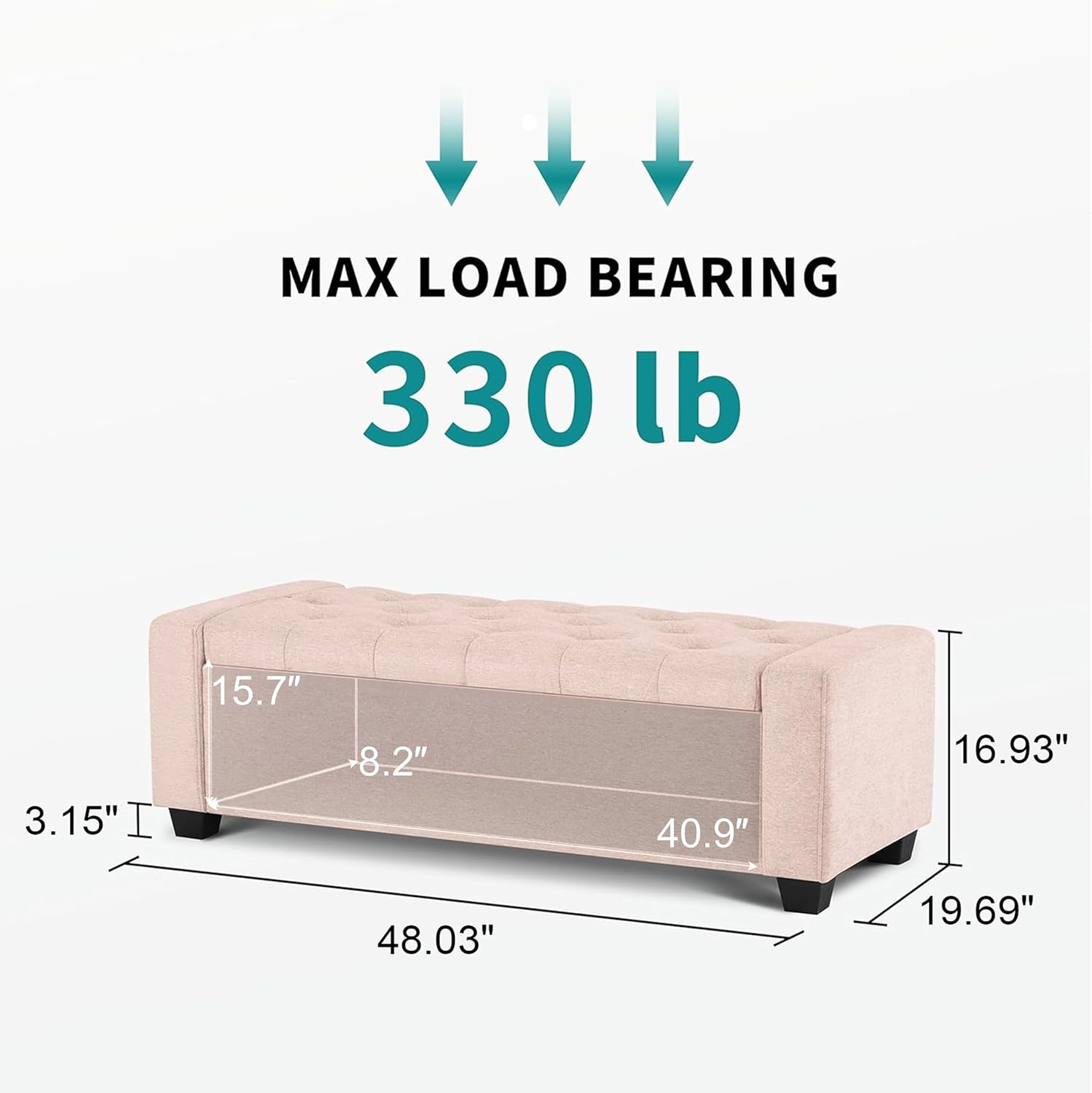 Huatean Home 48 Ottoman with Storage, Pink Storage Ottoman Bench with Safety Hinge, Upholstered Entryway Bench with Seating for Bedroom, Living Room, Holds up to 330 lb