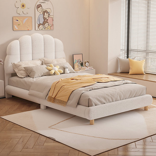 Lit Simple 90x200 cm - Lit Enfant Junior avec Tête de Lit en Peluche - Sans Matelas - Blanc