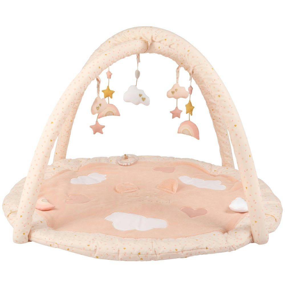 LOU - Tapis d'éveil bébé rond en coton rose et doré D90