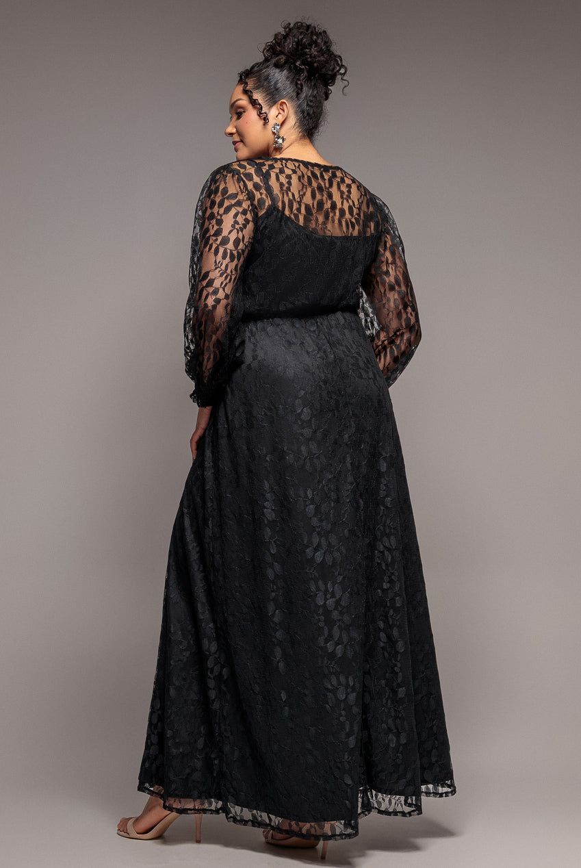 Goddiva Lace Long Sleeve Shirred Waist Maxi Dress