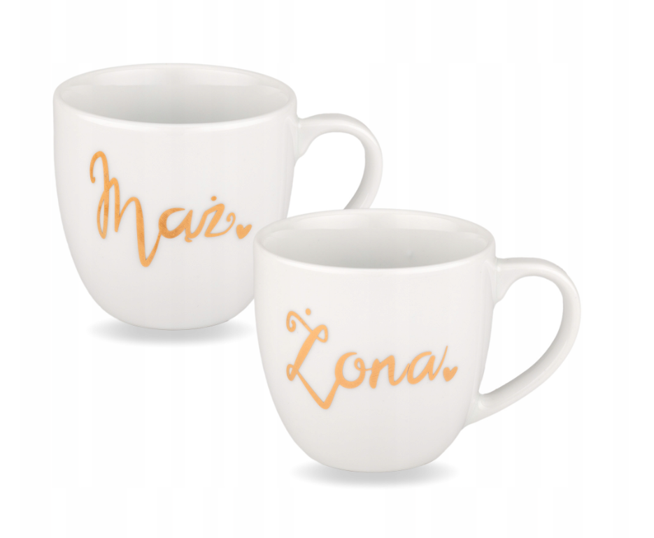 Zestaw białych kubków porcelanowych 300 ml - mąż i żona złoty napis