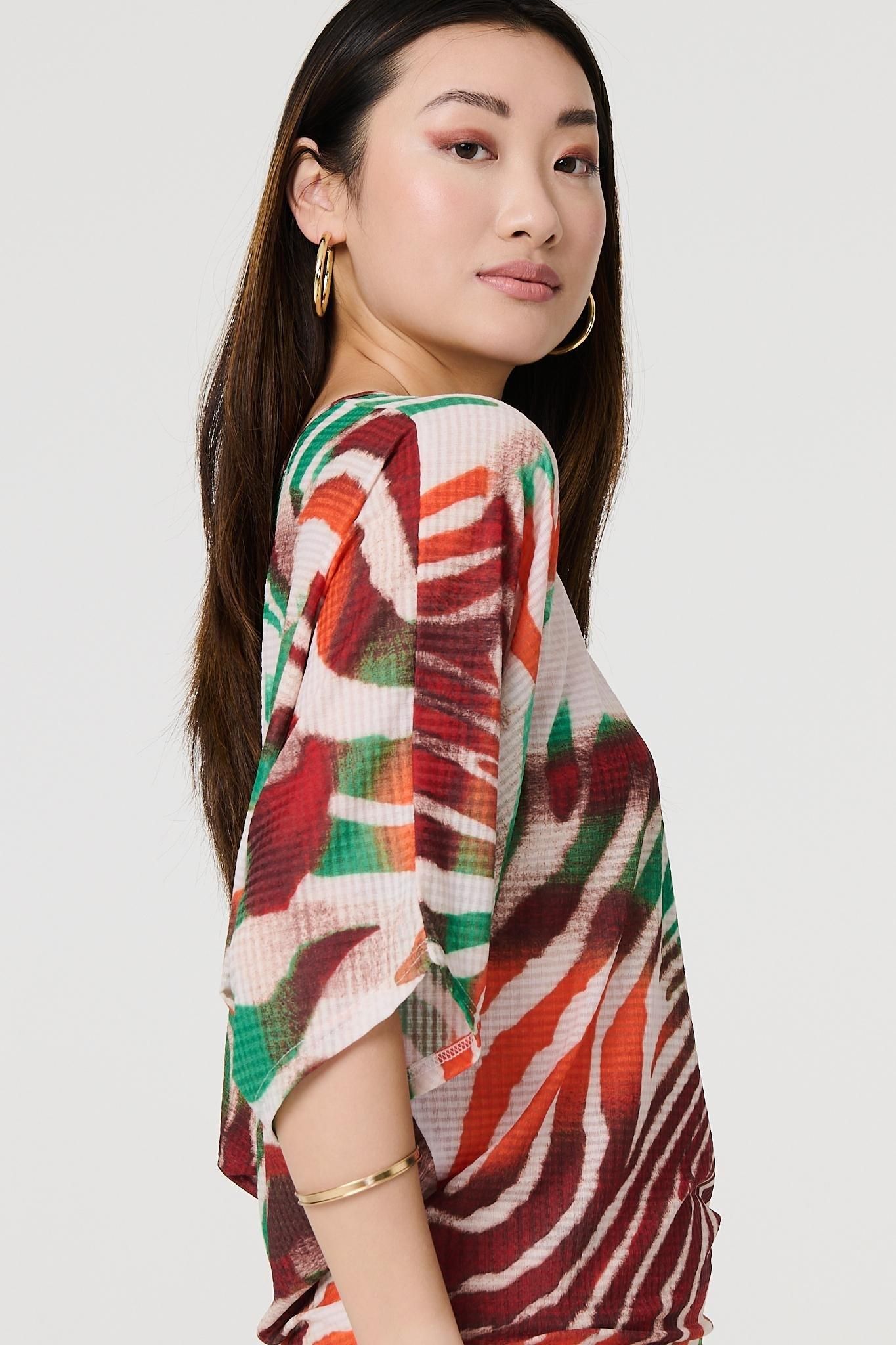 Izabel London Animal Print 3/4 Sleeve Relaxed Blouse