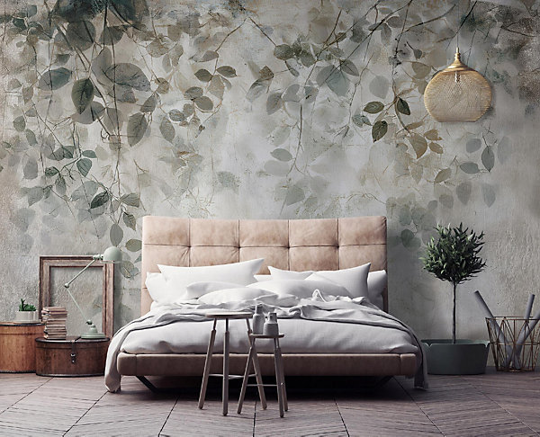 Papier Peint Panoramique Intissé Feuilles Suspendu Gris - 350x250 cm - Papier Peint Chambre et salon