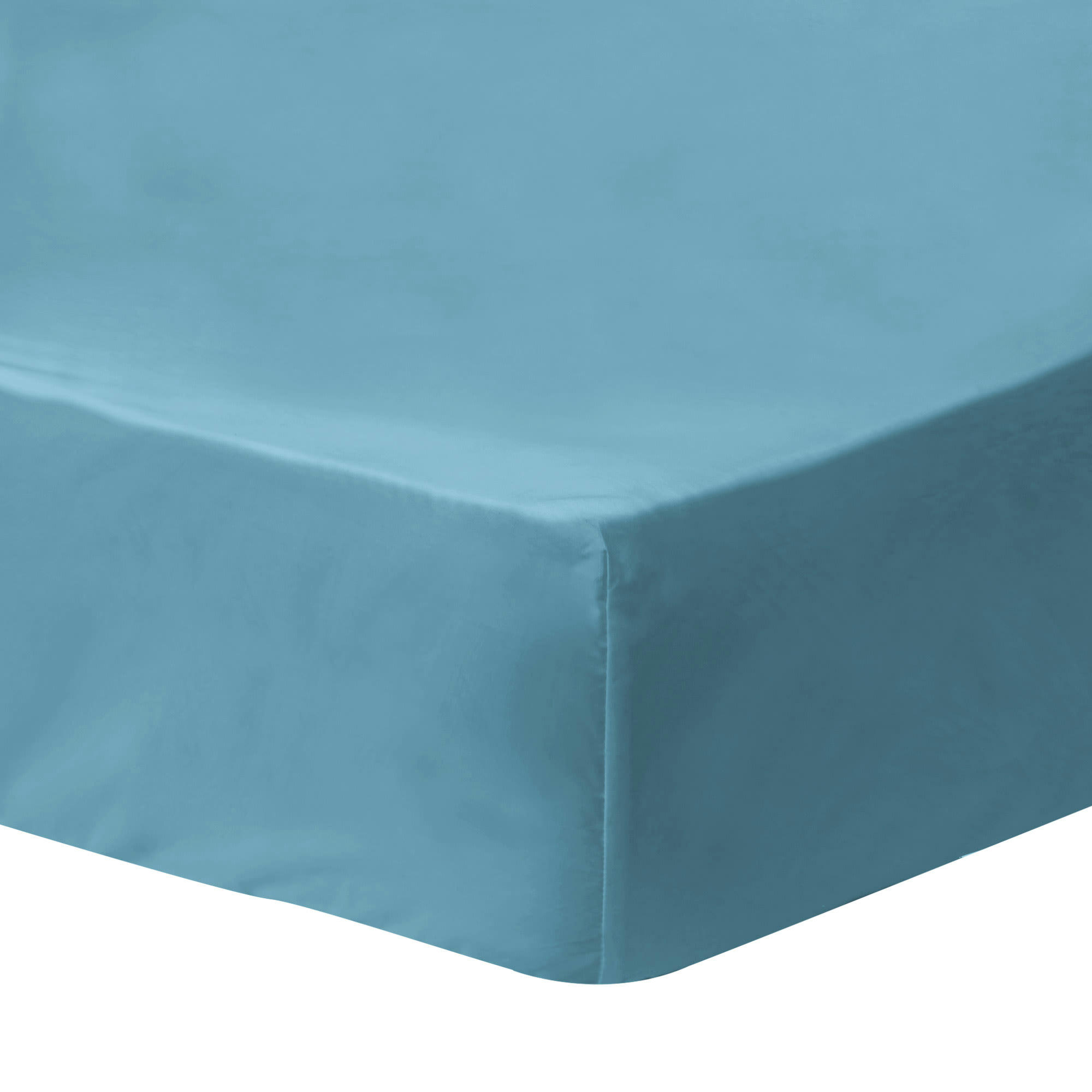 COTON LAVÉ - Drap-housse uni en coton lavé Bleu Glacier 160x200cm - Bonnet 30cm