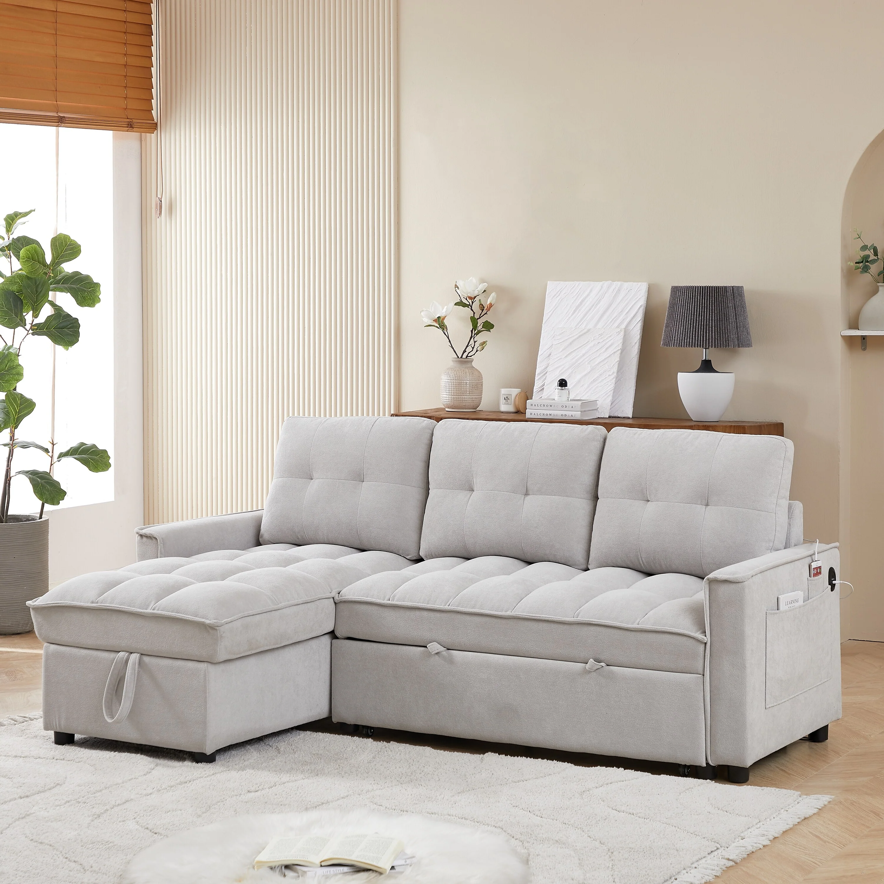 Modern Chenille Sleeper Sofa with Triple Conversion and Storage and Reversible Chaise for Living Room or Guest Room