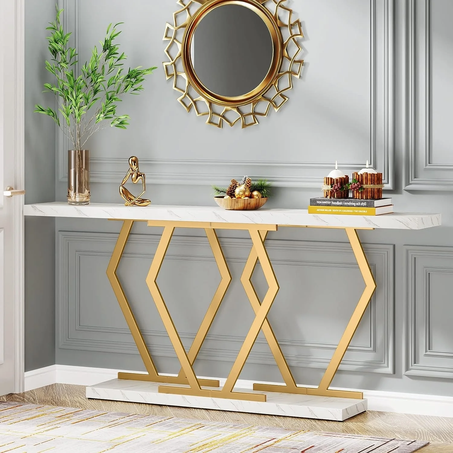 70.9 Inch Extra Long Sofa Table White and Gold Faux Marble Tabletop