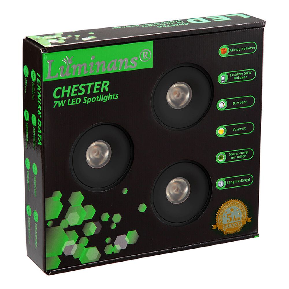DOWNLIGHT LUMINANS CHESTER 3X7W SVART 3PK