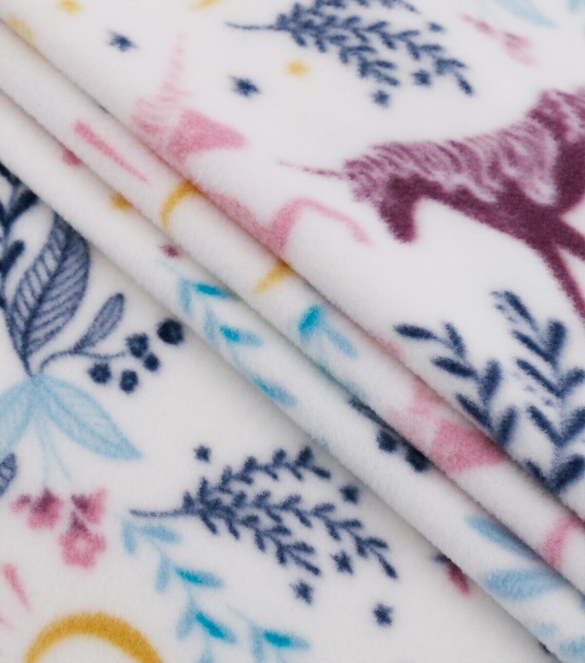 Unicorns & Leaves on White Anti Pill Fleece Fabric