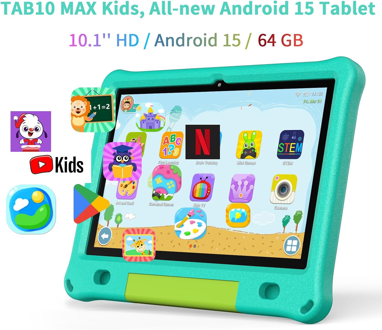 PRITOM Tablet Android 15, All-New 10'' Tablet Kids, Parental Control, 64GB+1TB Expandable Tablets for Kids, Child, WiFi6, Educational, Games, Kids Software Pre-Installed, with EVA Case (Green)