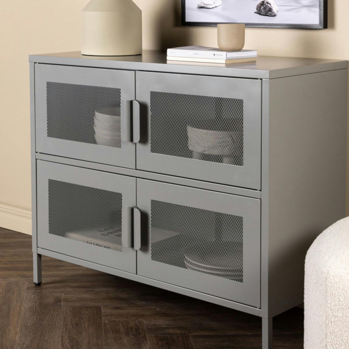 PARME - Buffet bas style industriel en métal 4 portes gris