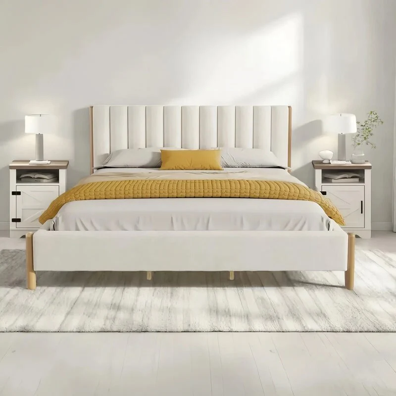 3-Pieces Bedroom Sets ,Bed Frame with Boucle Upholstered Thick Headboard, Solid Wooden Legs,Nightstands Set of 2 with Barn Door