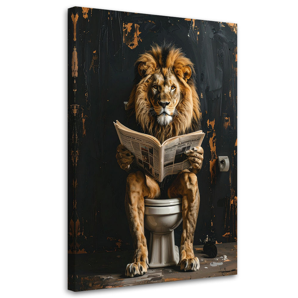 Obraz nowoczesny do łazienki wc pokoju humor, Lew czytający gazetę 20x30