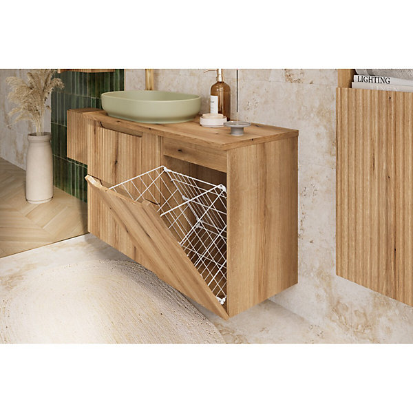 Meuble salle de bain VANO 40 cm chene suspendu avec panier à linge