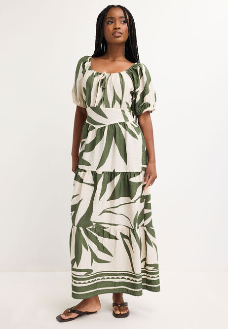 Womens Khaki Leaf Print Milkmaid Dress
