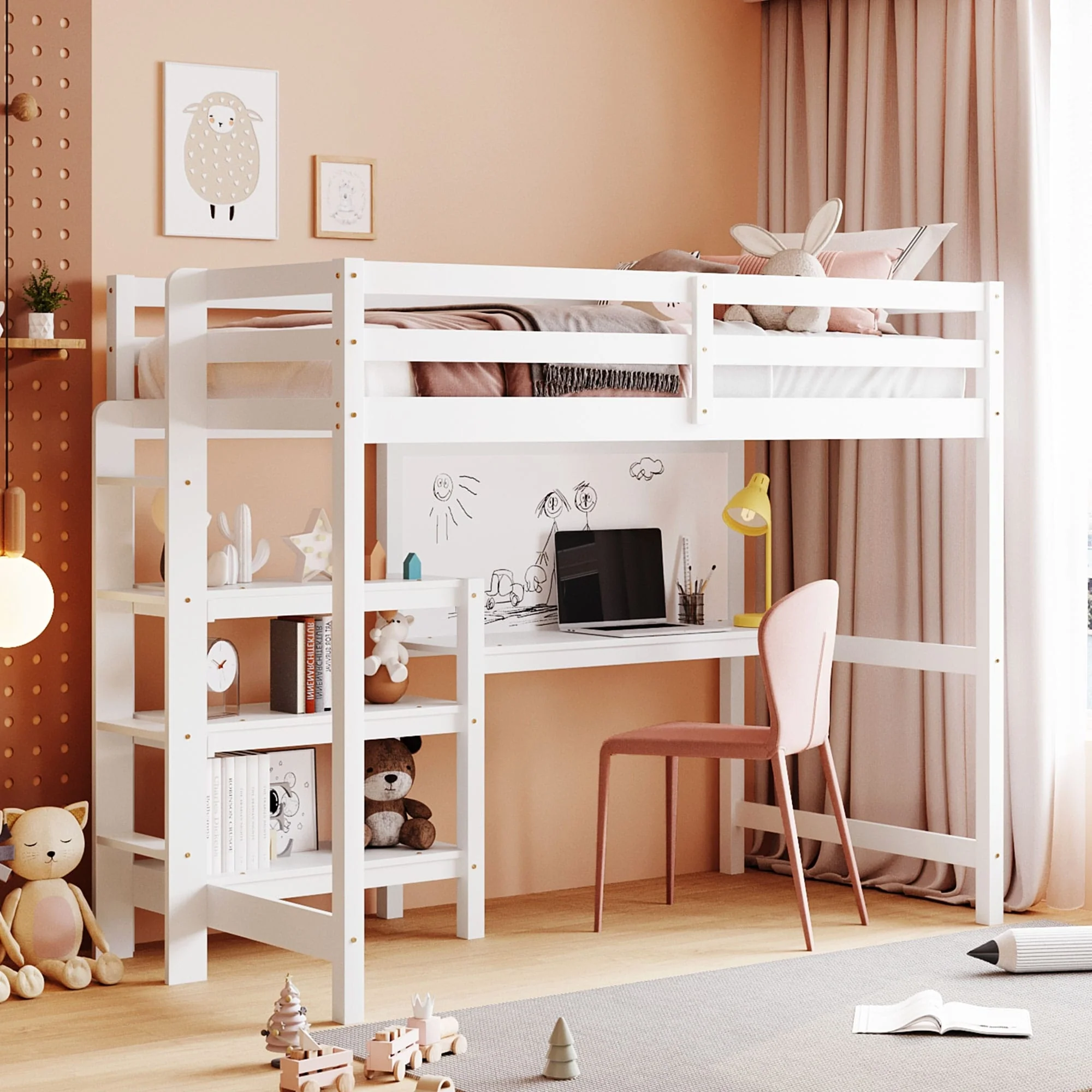 Wooden Loft Bed with Shelves and Desk