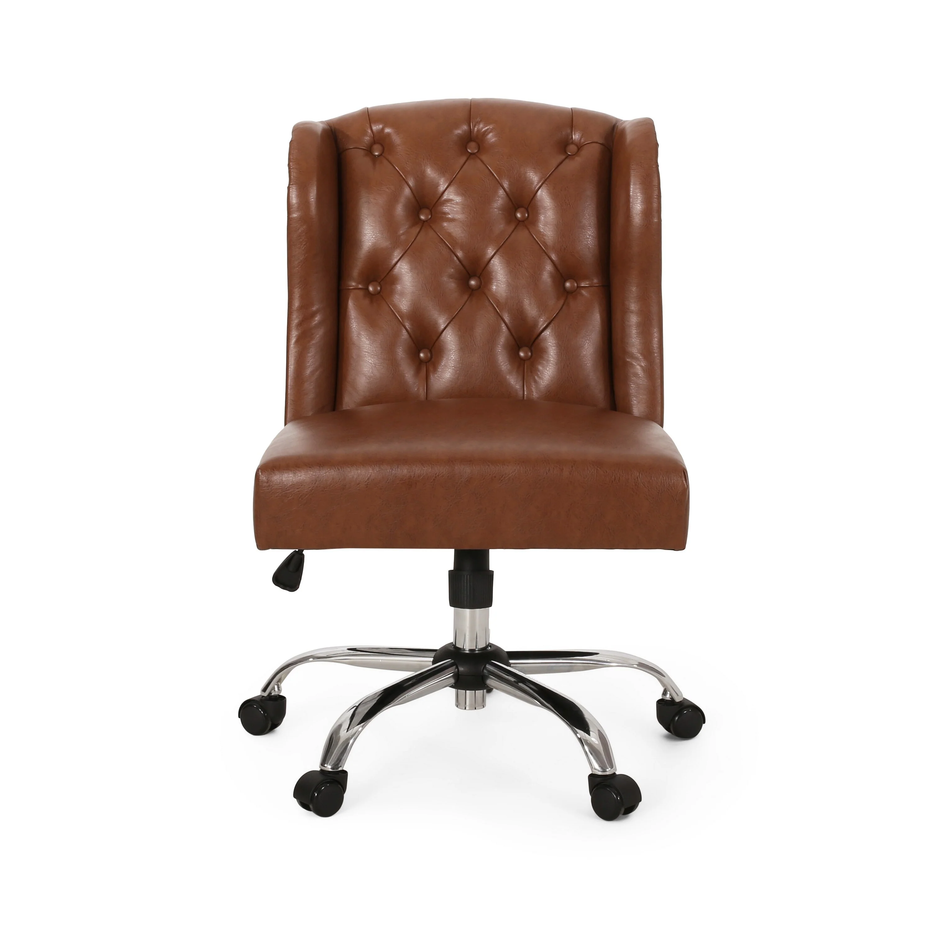 Rolling Swivel Chair, Light Brown Tufted Faux Leather, Chrome Metal