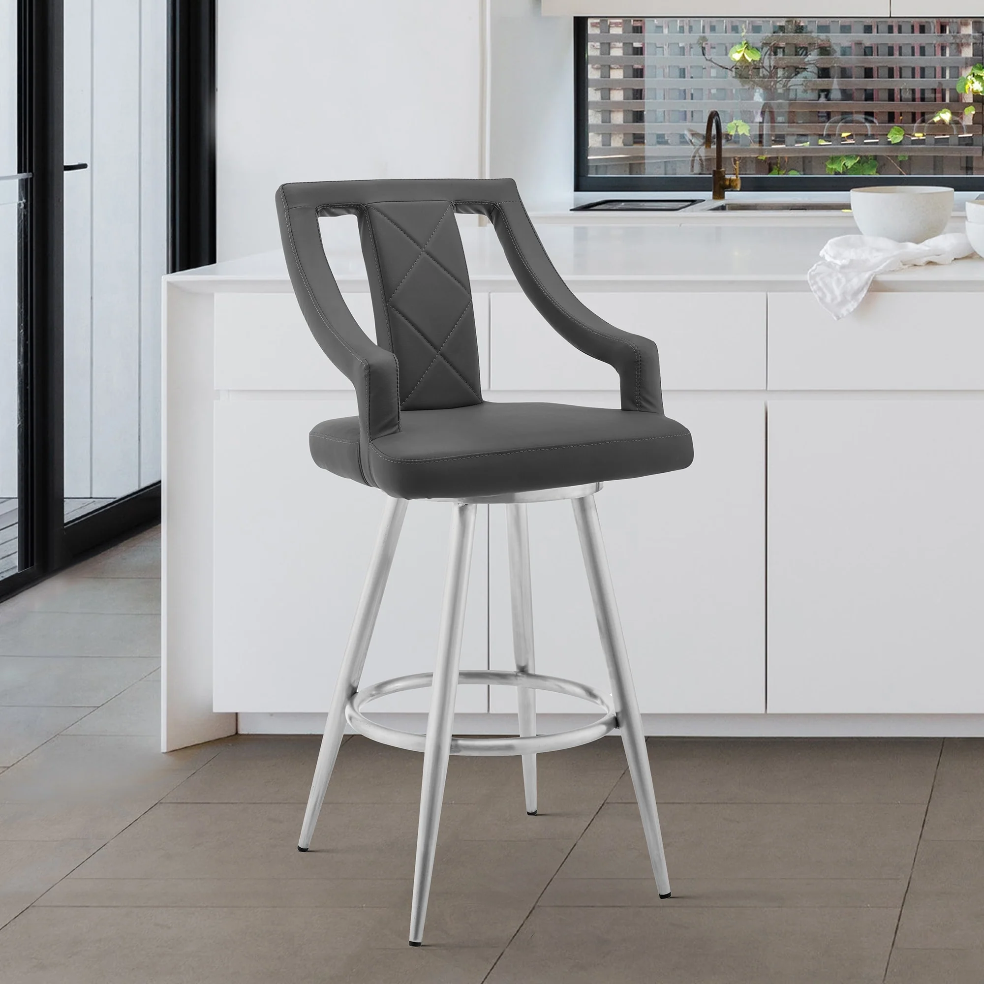 Maxen 26 Grey Faux Leather and Stainless Steel Swivel Counter Stool