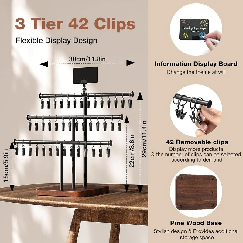 Snack Organizer 3-Tier Display Stand, With 42 Removable Clips, Snack Retail Display Rack - 7.87D x 11.79W x 11.4H