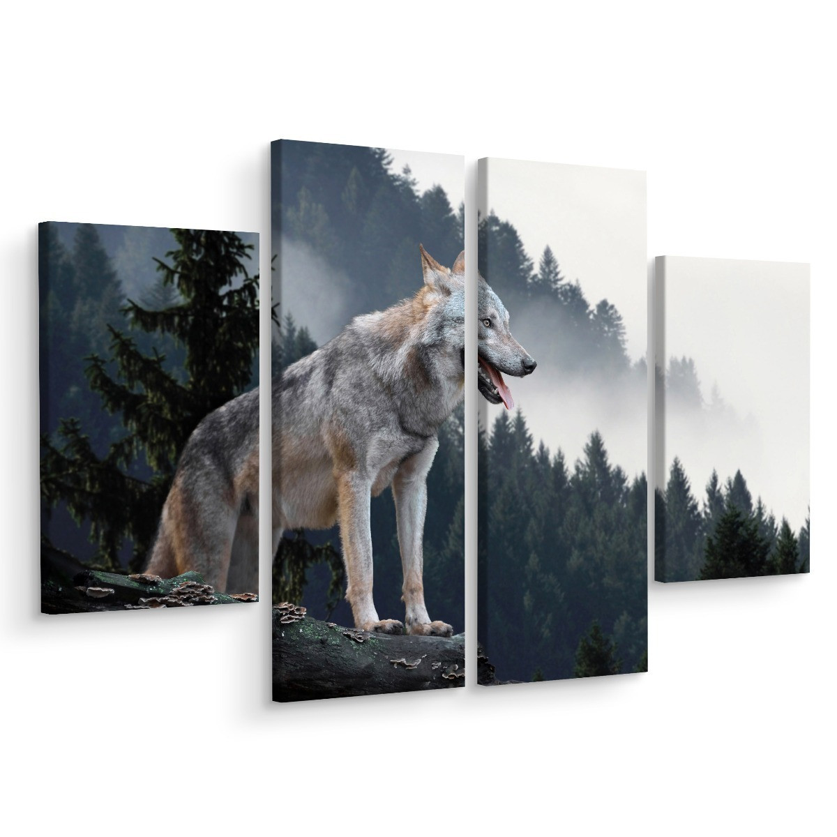 Obraz 4-Częściowy WILK w Lesie Pejzaż 3D 80x60cm