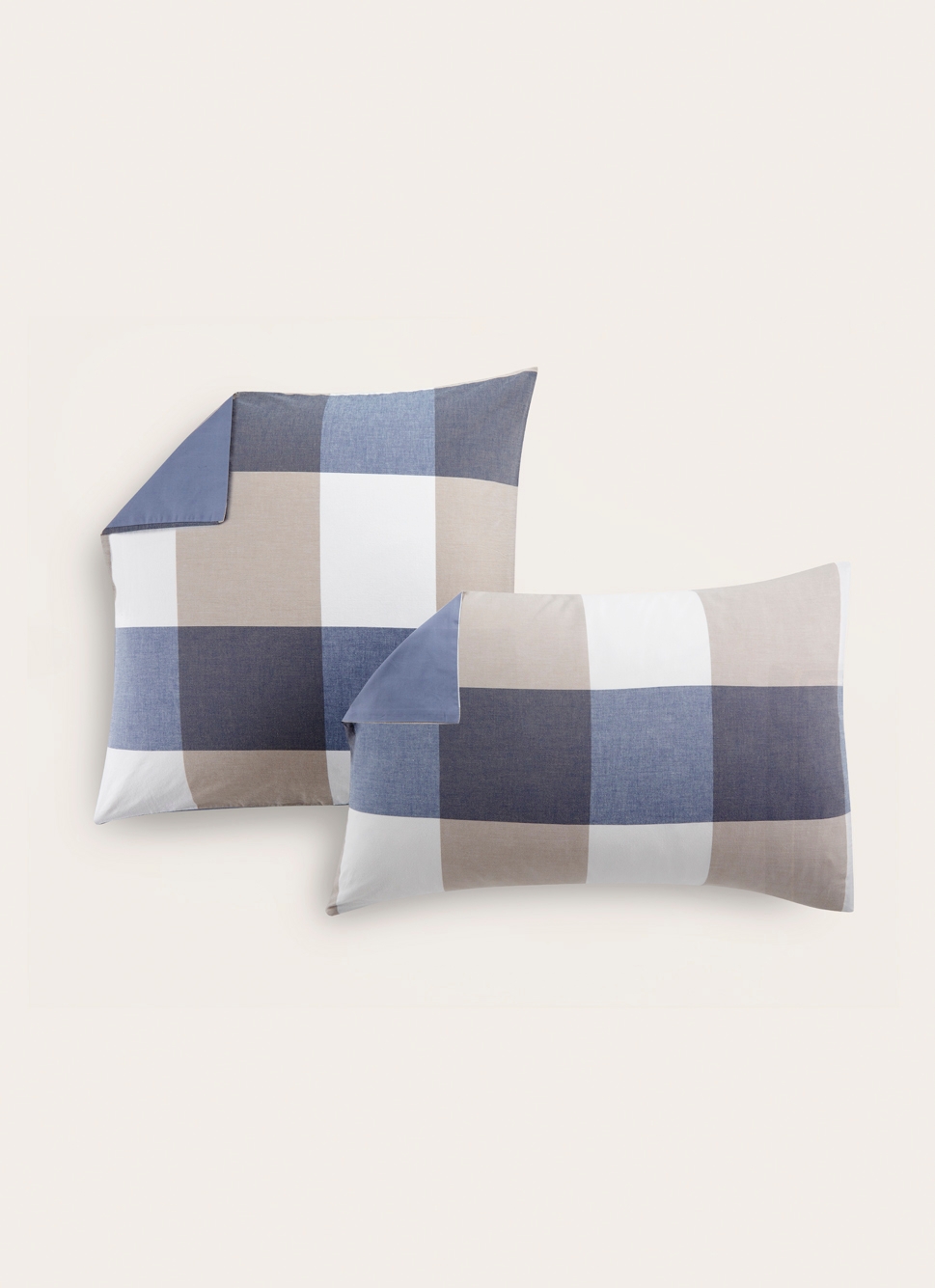 LOT DE 2 TAIES D'OREILLER EN COTON GRANDS CARREAUX BLEU