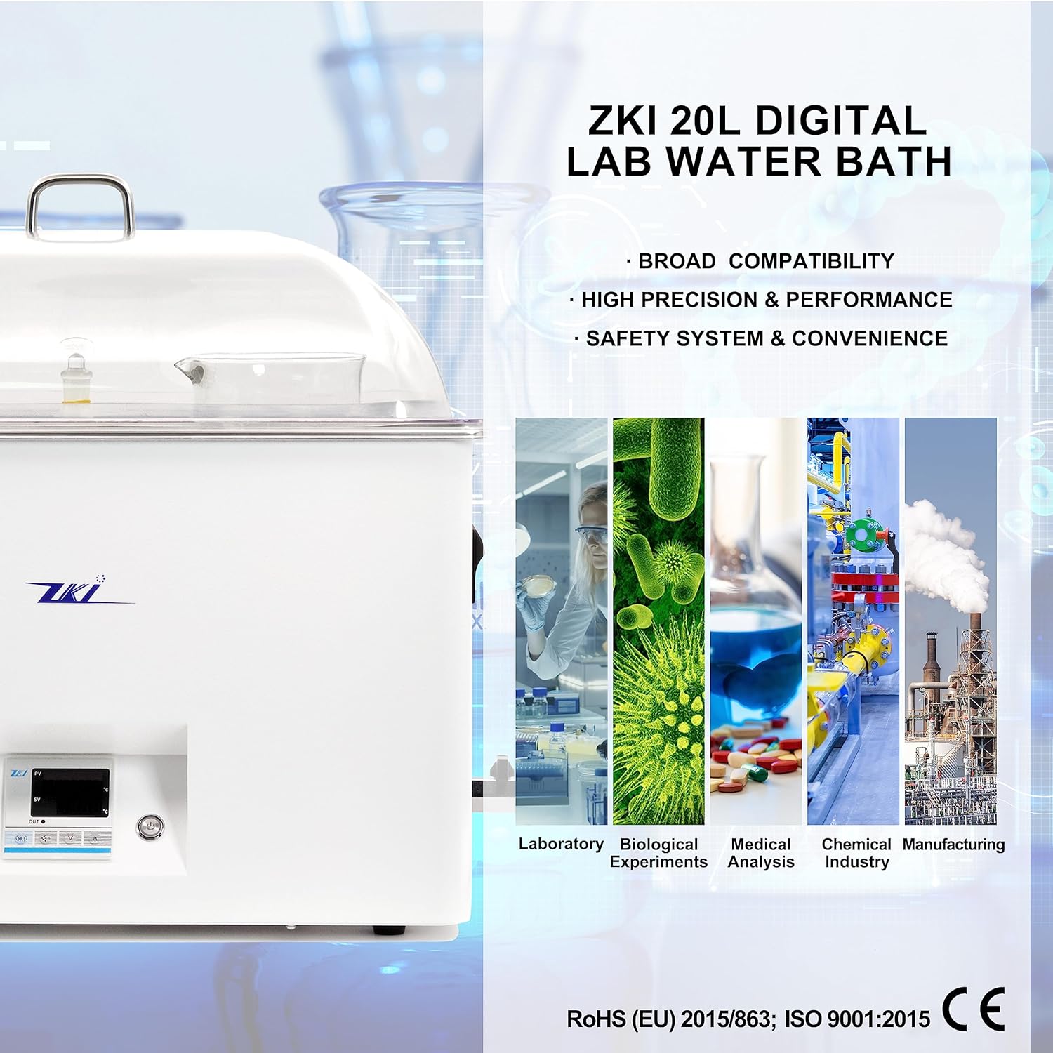 ZKI 20L Lab Water Bath, 1500W Laboratory Thermostatic Water Bath, ±0.2°C Accuracy & 0.1°C Res, 14 Heating Modules with Even Heat Distribution, 9-Piece Kit for Lab, Clinical and Industrial Use (110V)