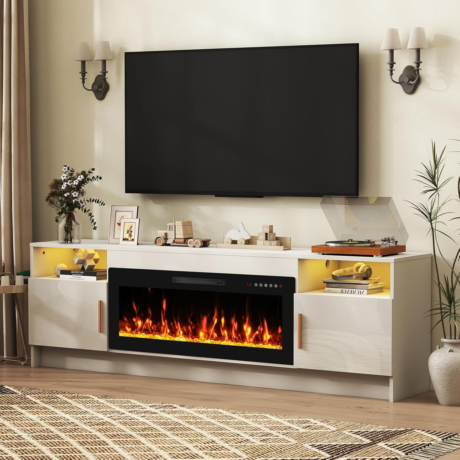 70 Electric Fireplace TV Stand for TVs Up to 80, LED Light Media Console with 36 Electric Heater, Storage Cabinet, Entertainment Center for Living Room, White